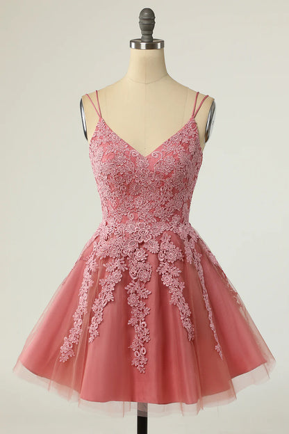 A-Line Floral Applique V-Neck Short Homecoming Dress