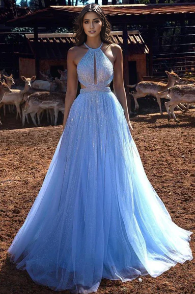 A-line Halter Beadings Tulle Prom Dress