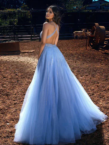 A-line Halter Beadings Tulle Prom Dress