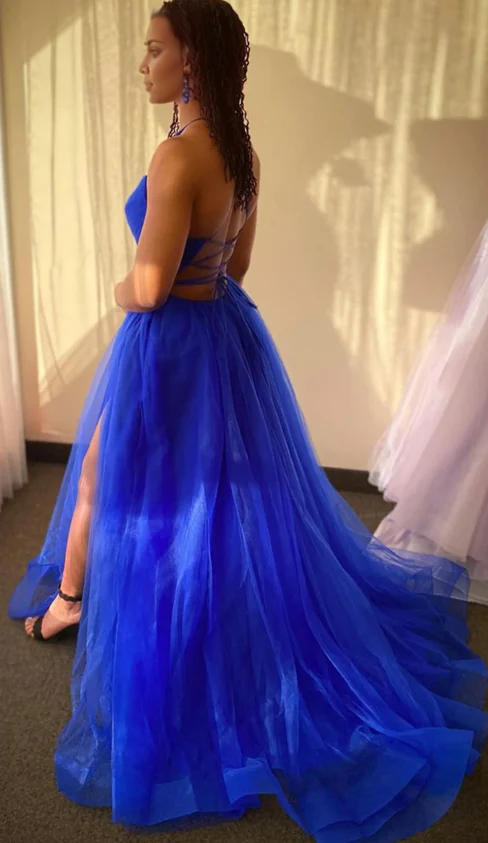 A-line V Neck Backless Blue Tulle long Prom Dress With High Slit