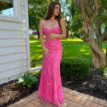 Strapless Lace Long Prom Dress With Appliques