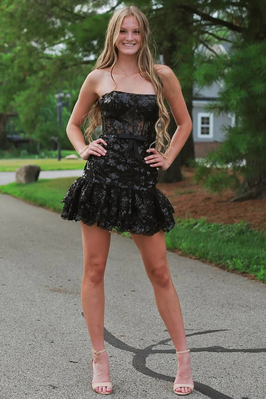 Sequin Lace Strapless Sheer Bodice Homecoming Dress with Ruffles