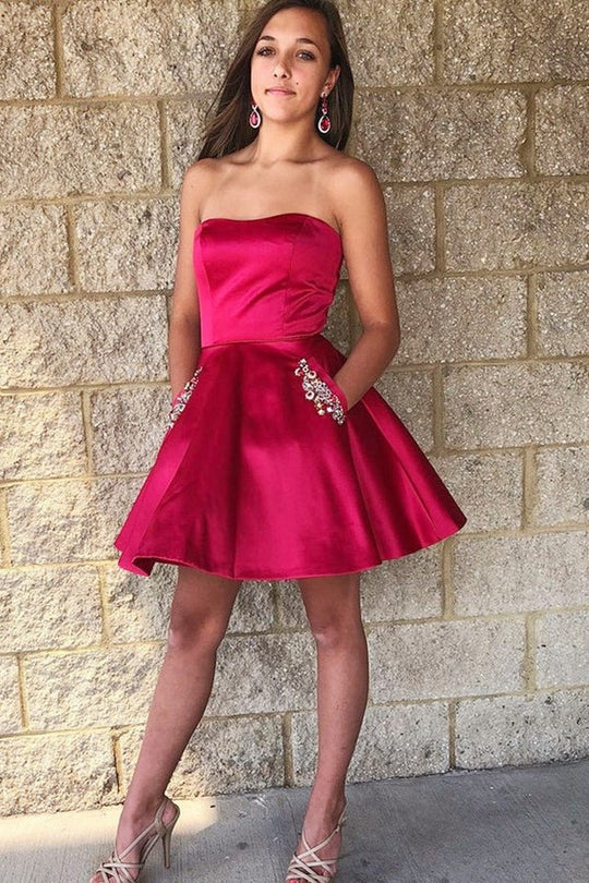 A-Line Strapless Short Homecoming Dress with Pockets