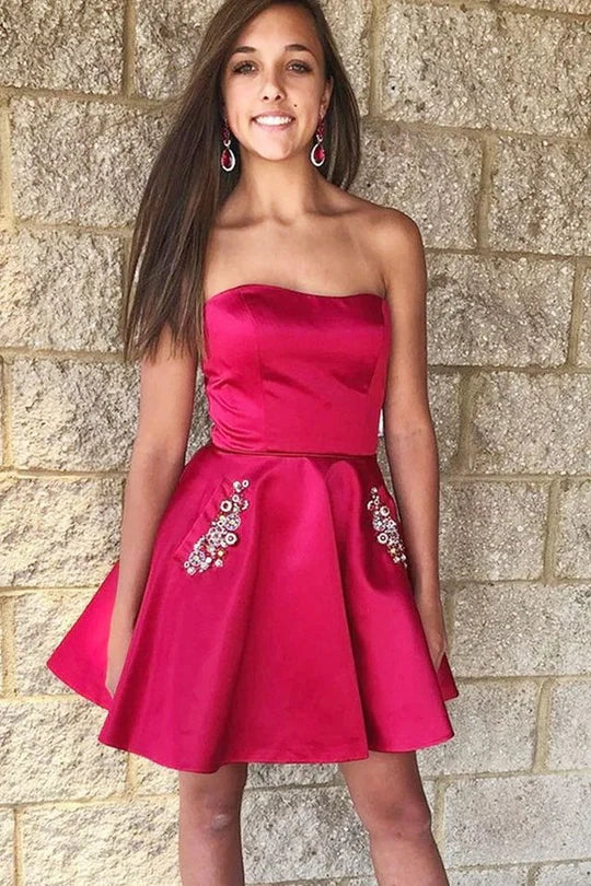 A-Line Strapless Short Homecoming Dress with Pockets