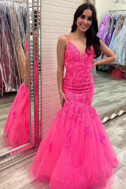 V-Neck Trumpet Tulle Lace Prom Dress