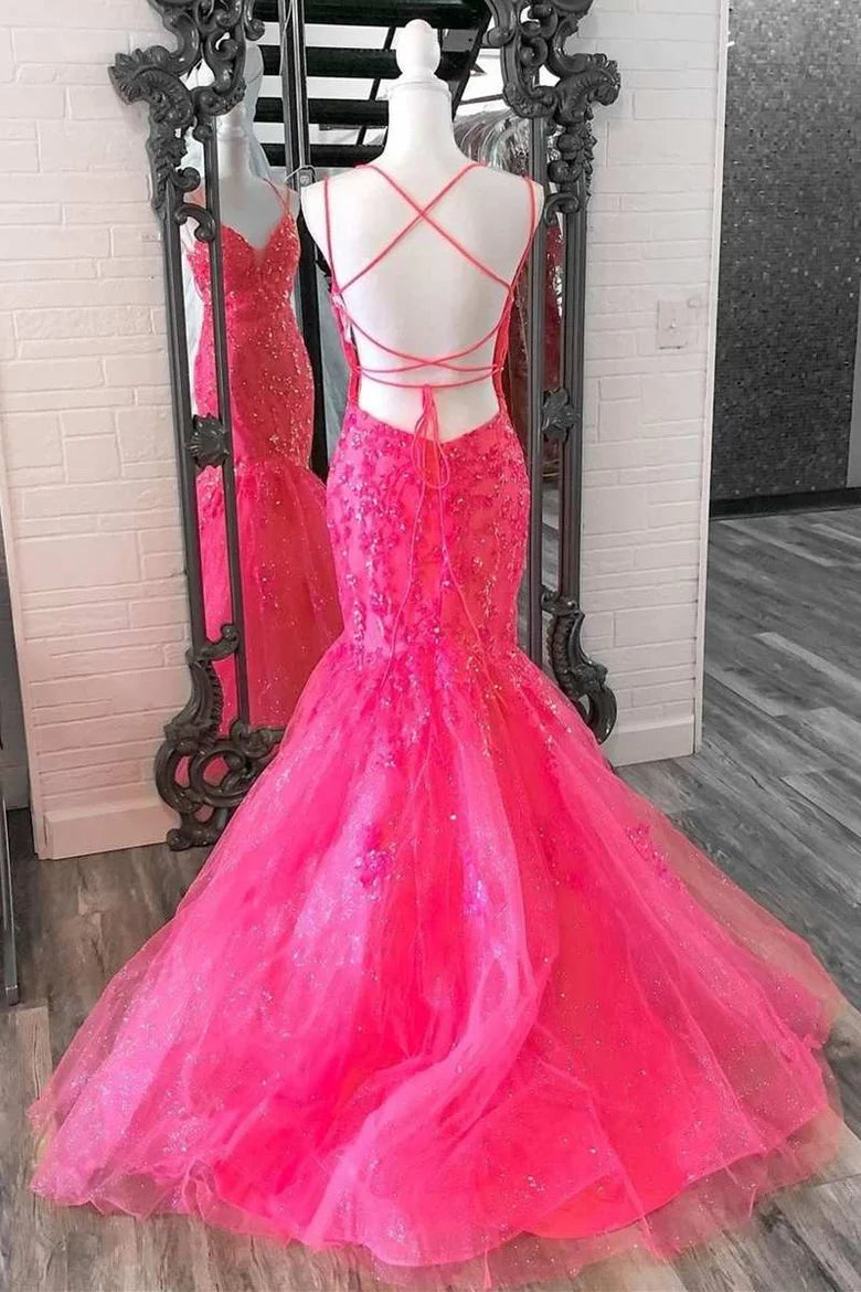 V-Neck Trumpet Tulle Lace Prom Dress