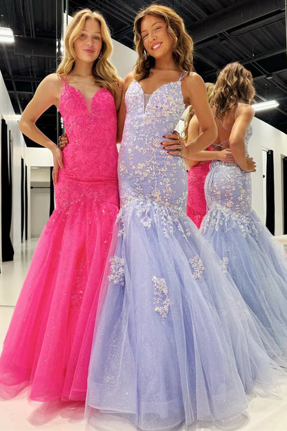 V-Neck Trumpet Tulle Lace Prom Dress