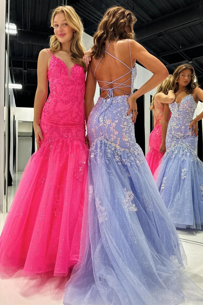 V-Neck Trumpet Tulle Lace Prom Dress