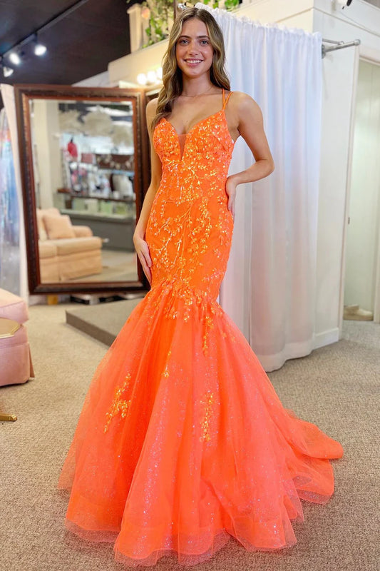 V-Neck Trumpet Tulle Lace Prom Dress