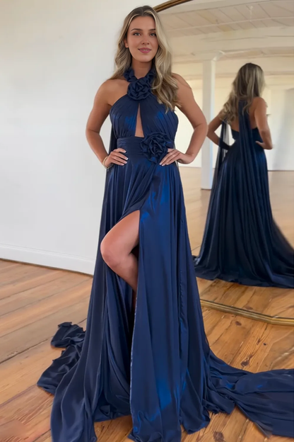 Xuewuba Formal Wear Dresses Chic Navy Halter Neck A-Line Long Prom Dress with 3D Flowers Prom Dresses Stores