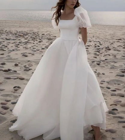 A-Line Square Neck Puff Sleeves Charming Wedding Prom Dresses