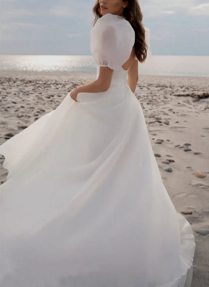 A-Line Square Neck Puff Sleeves Charming Wedding Prom Dresses