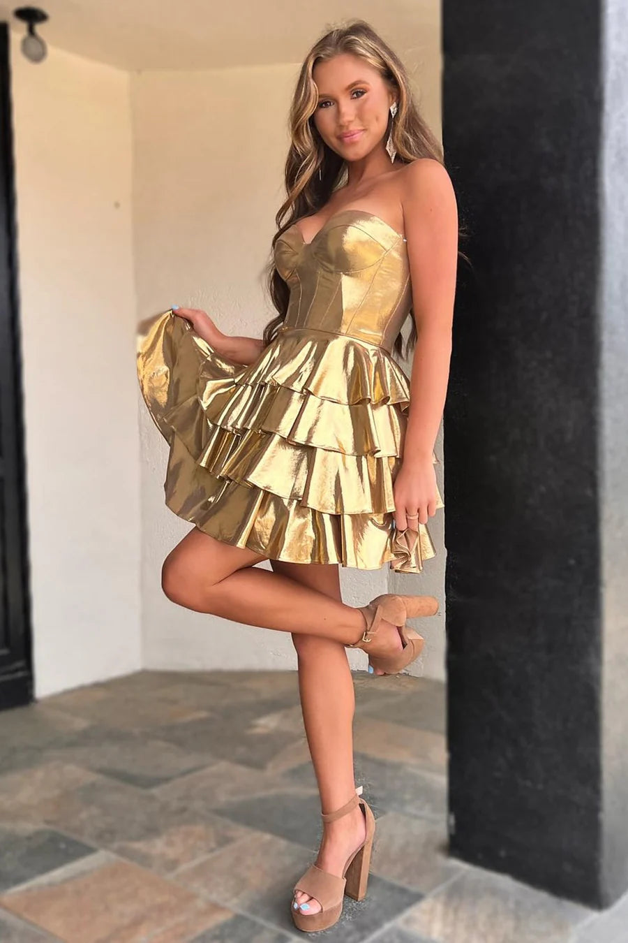 Strapless Metallic Gold Ruffle Tiered Mini Homecoming Dress