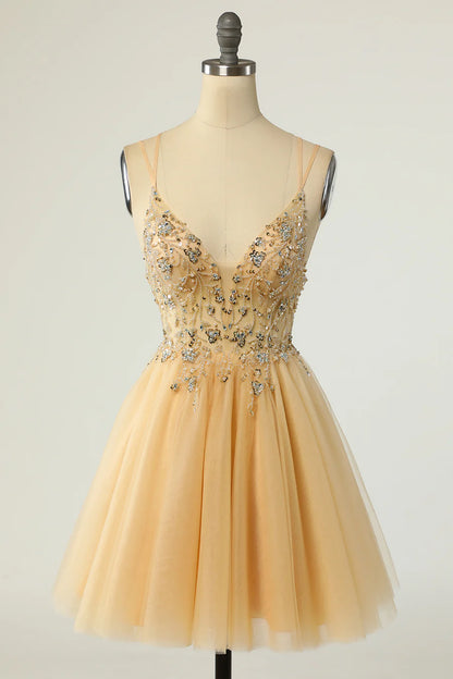 A-Line Tulle Plunge V Beaded Short Cocktail Homecoming Dress