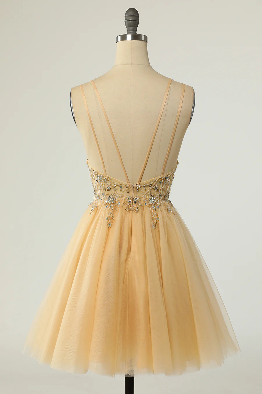 A-Line Tulle Plunge V Beaded Short Cocktail Homecoming Dress