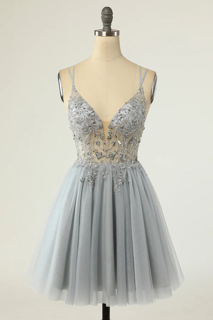 A-Line Tulle Plunge V Beaded Short Cocktail Homecoming Dress