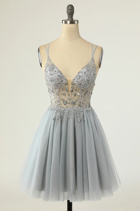 A-Line Tulle Plunge V Beaded Short Cocktail Homecoming Dress