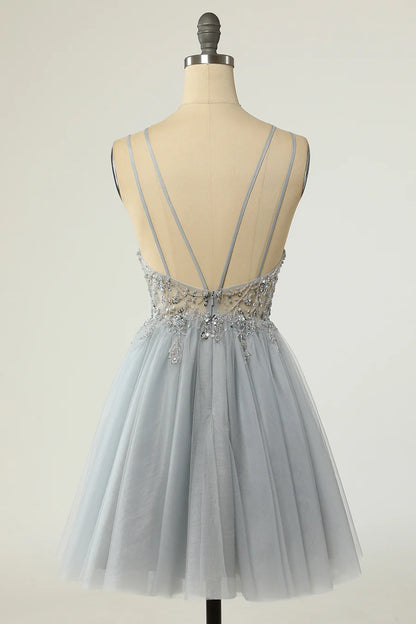 A-Line Tulle Plunge V Beaded Short Cocktail Homecoming Dress