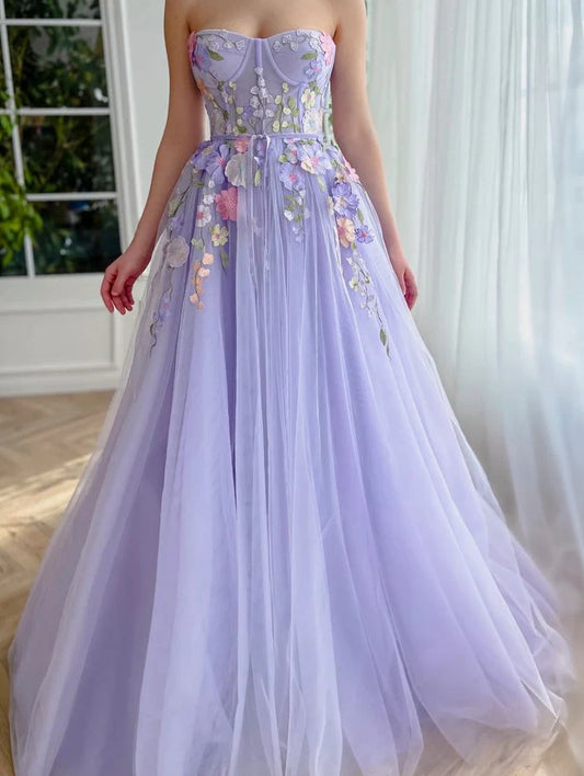 A-line Strapless Mermaid Long Prom Dress With Applique