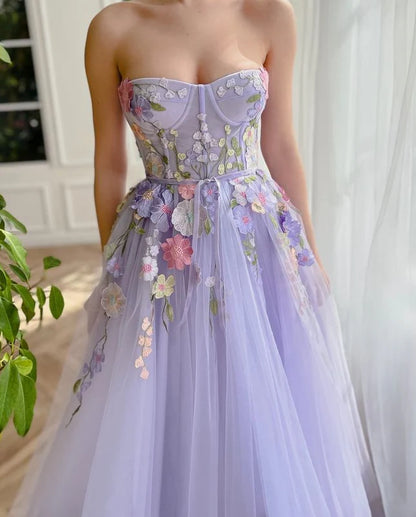 A-line Strapless Mermaid Long Prom Dress With Applique