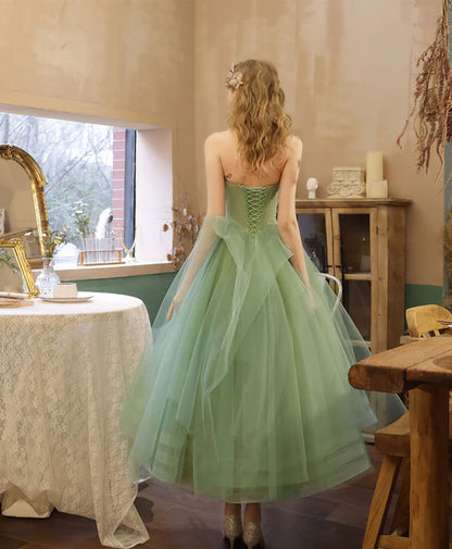 Strapless Tulle Lace Tea Length Prom Dress