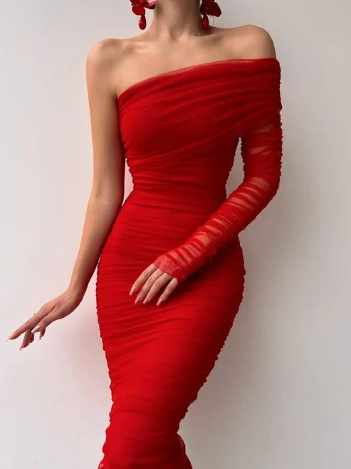 Single Shoulder Long Sleeved Slim Fit  Prom Dress