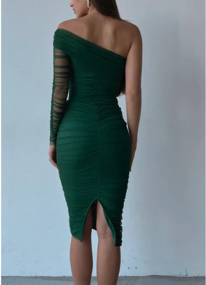 Single Shoulder Long Sleeved Slim Fit  Prom Dress