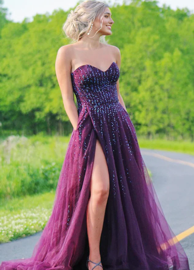 A-line Tulle Beaded Sweetheart Long Side Slit Prom Dresses