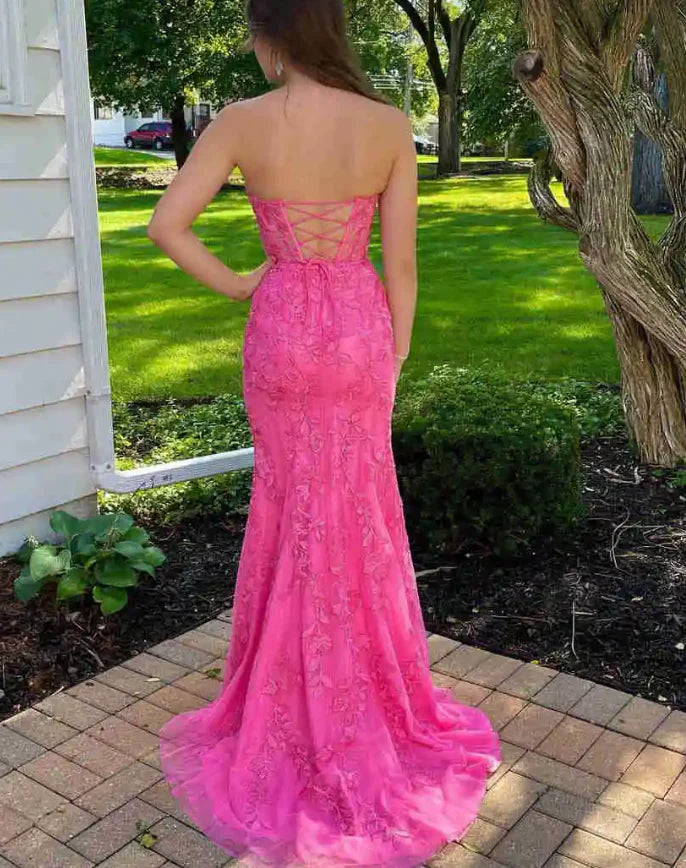 Strapless Lace Long Prom Dress With Appliques