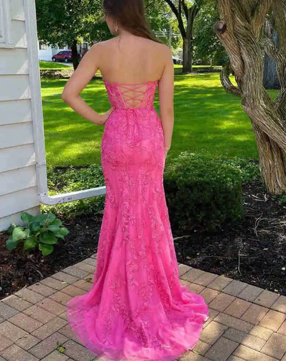 Strapless Lace Long Prom Dress With Appliques