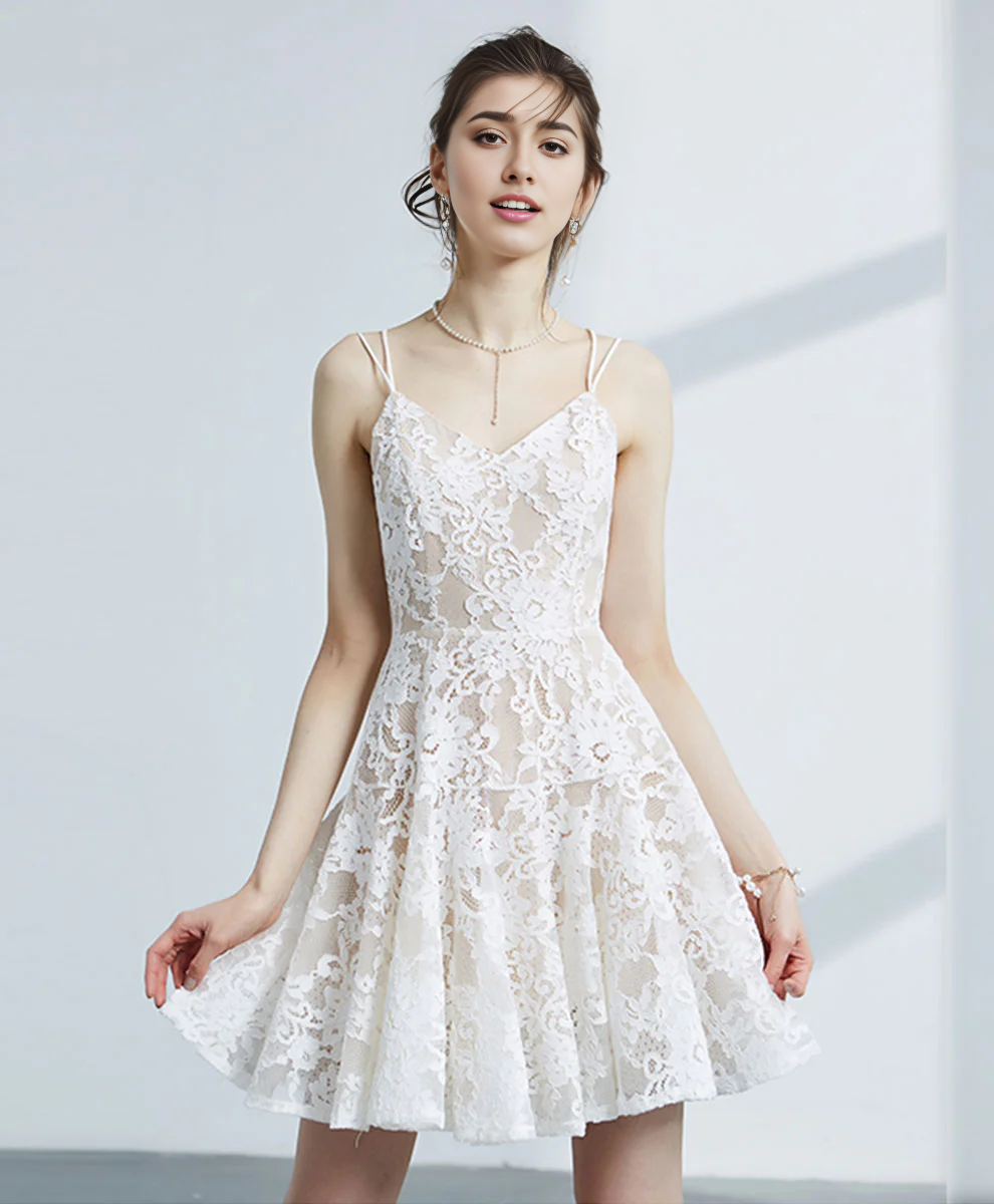 Cute V Neck Lace Short Homecoming Dress With Applique