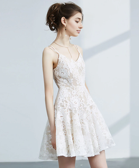 Cute V Neck Lace Short Homecoming Dress With Applique