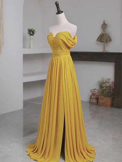 Off Shoulder Simple Chiffon Prom Dress With Slit