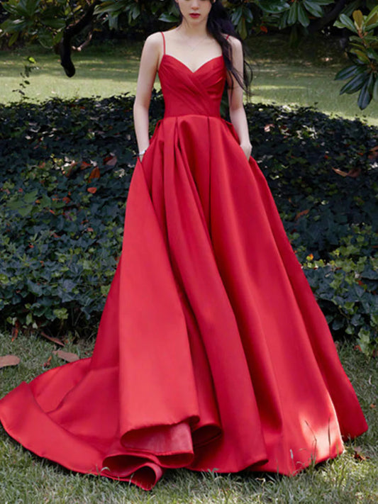 V Neck A-line Satin Spaghetti Straps Prom Dress ﻿