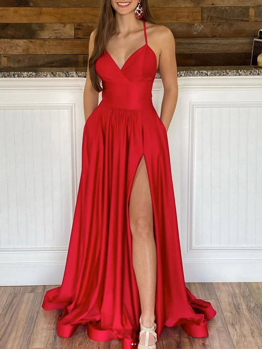 Simple Spaghetti Straps Long Prom Dresses With Slit