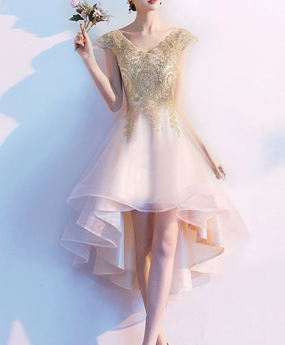 A-line Tulle Hig Low Lace Homecoming Dress