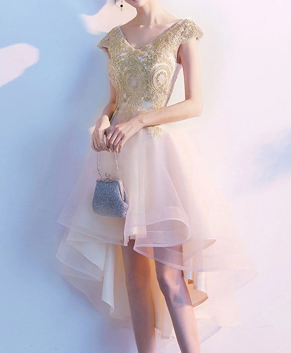 A-line Tulle Hig Low Lace Homecoming Dress