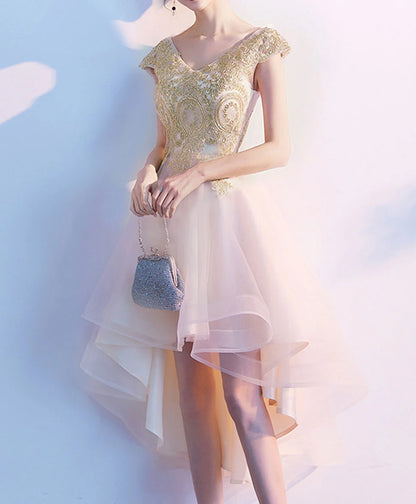 A-line Tulle Hig Low Lace Homecoming Dress