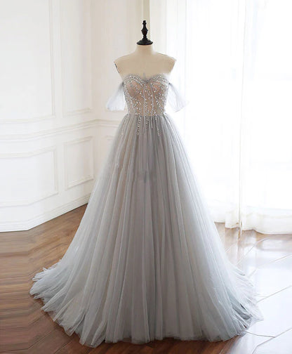 Strapless Sweetheart Tulle Beads Long Prom Dress