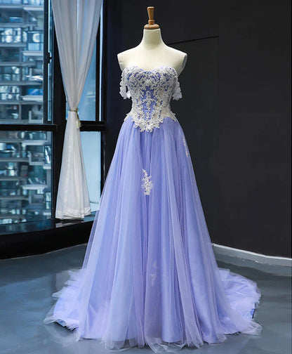 Strapless Tulle Lace Long Prom Dress With Applique