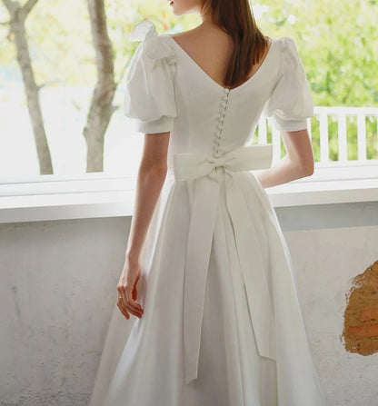 V Neck A-line Short Sleeves Prom Dress