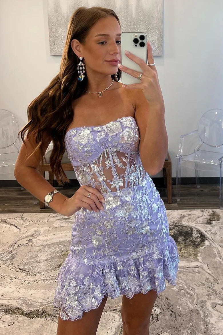 Sequin Lace Strapless Sheer Bodice Homecoming Dress with Ruffles