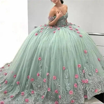 Off-the-Shoulder 3d Flower Applique Prom Dresses