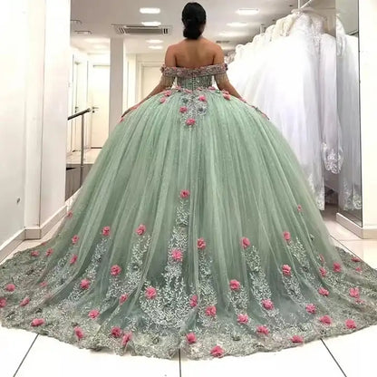 Off-the-Shoulder 3d Flower Applique Prom Dresses