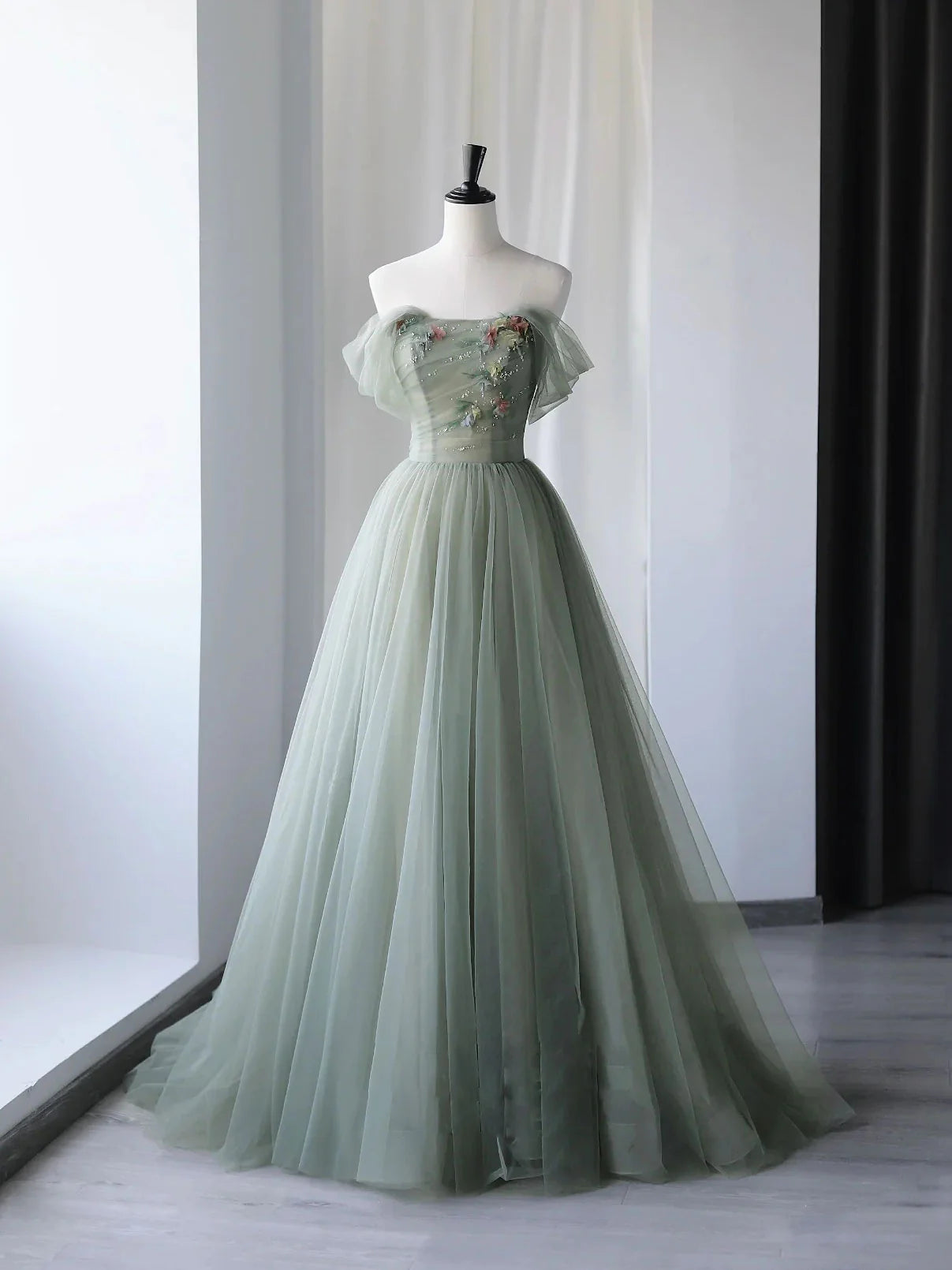 A-line Tulle Off Shoulder Long Prom Formal Dresses