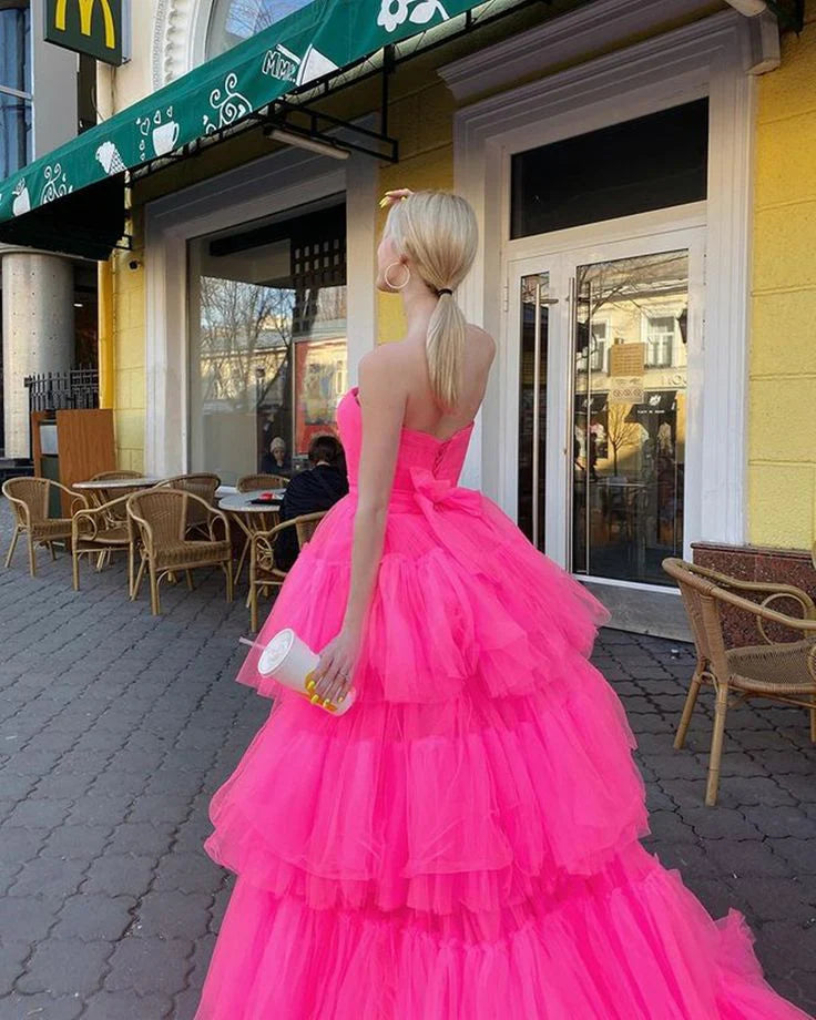 A-line High Low Tulle Long Prom Dresses