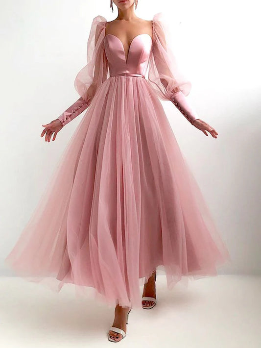 A-line Fairy-Tale Deep Neck Prom Dress With Long Sleeves