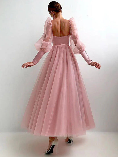 A-line Fairy-Tale Deep Neck Prom Dress With Long Sleeves