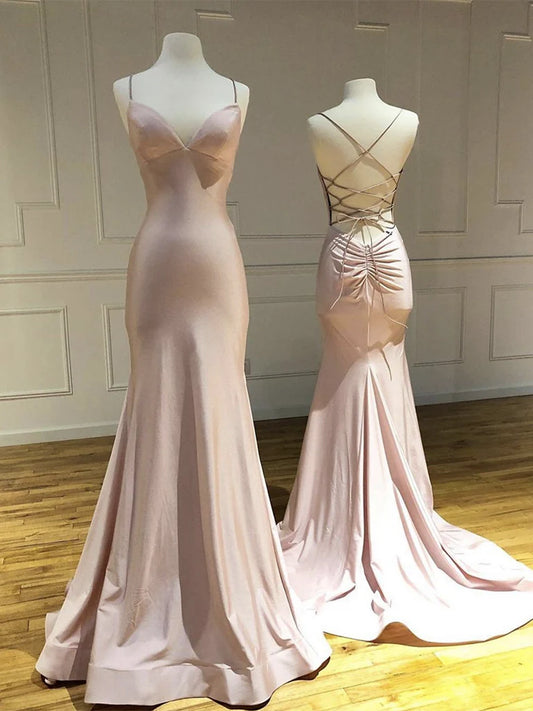 Simple V Neck Satin Backless Prom Dress