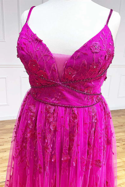 A-Line Floral Lave V-Neck Prom Dress